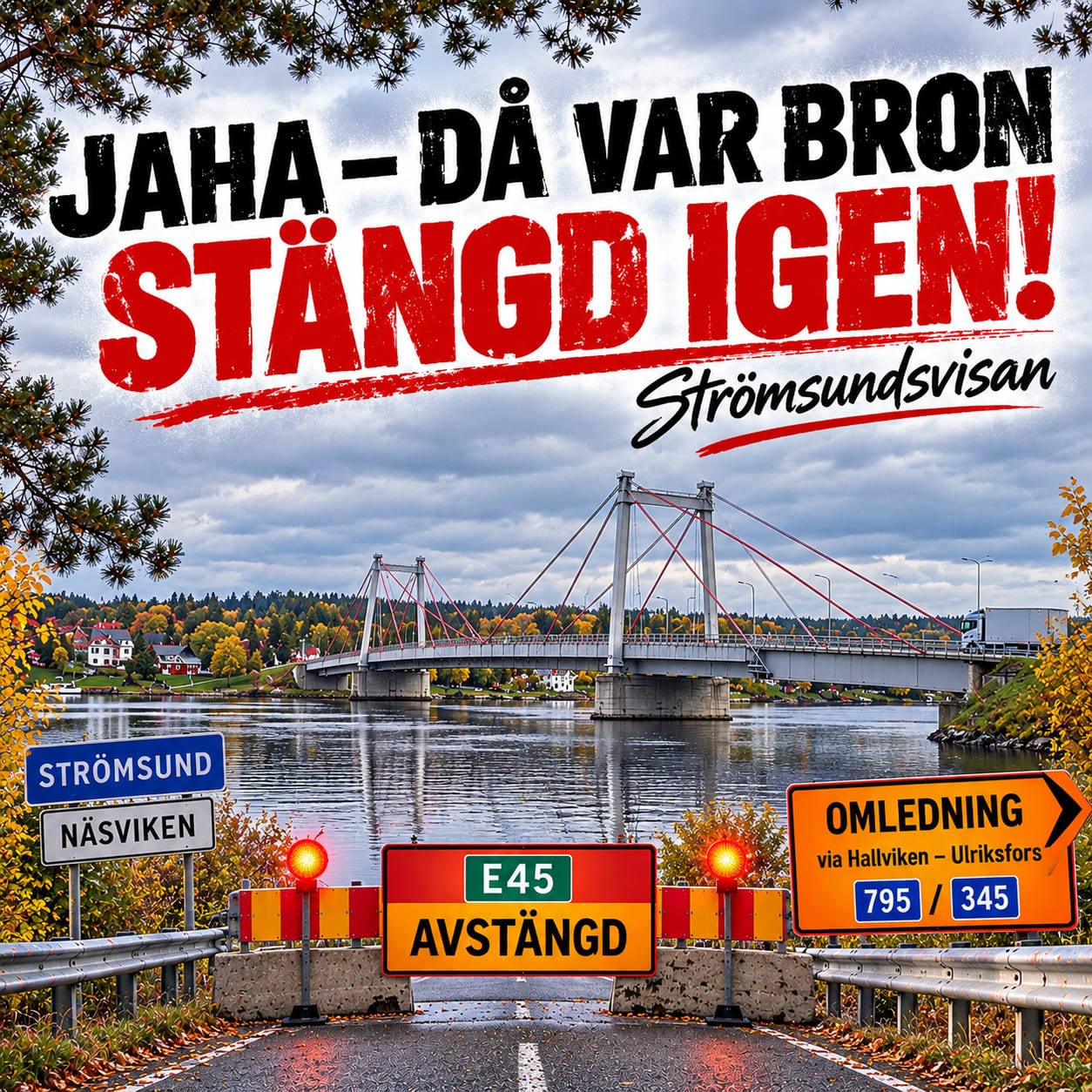Omslag till Strömsundsvisan: en hängbro över vatten bakom en avstängd väg med skyltarna E45 Avstängd och Omledning. Rubriken på omslaget lyder: Jaha – då var bron stängd igen!